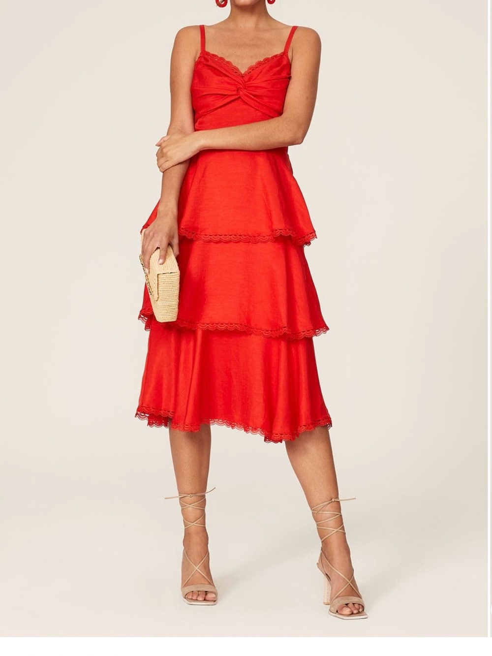 Marchesa Red Tiered Midi Skirt with Lace Trim